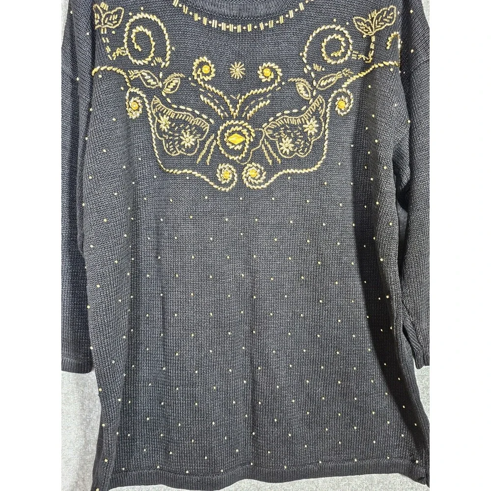 Vintage‎ Jessica Stevens Tunic Sweater Womens Size Medium Black Gold Beaded Art